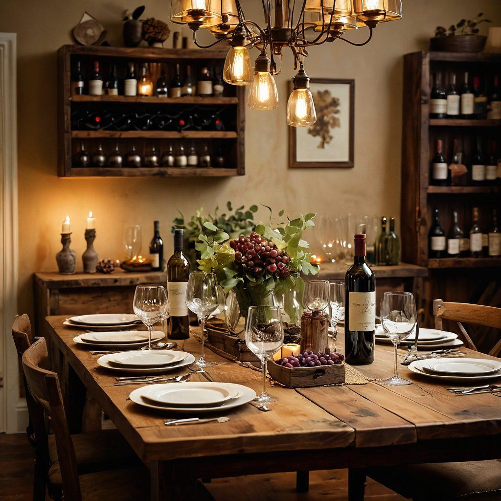 A beautifully arranged rustic dining table adorned with vintage wine bottles and elegant wine glasses, surrounded by rustic wooden decor elements like crates and grapevines. Soft, warm lighting enhances the elegance while casting gentle shadows, highlighting the textures of wood and glass. A hint of vintage wallpaper in the background adds charm, creating a cozy yet sophisticated atmosphere. super-realistic. warm colors. cozy setting.