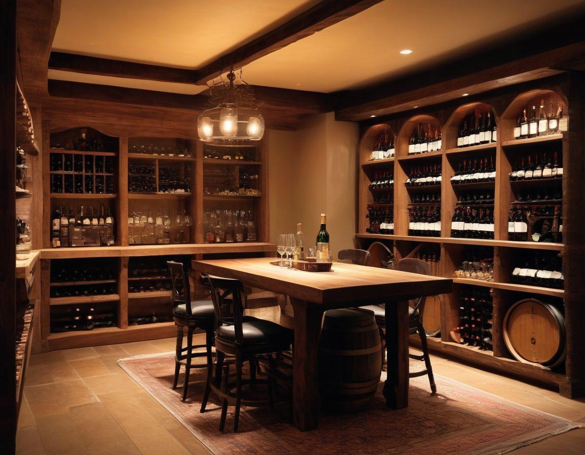 A cozy wine cellar showcasing a blend of heritage antiques and artisan furniture, featuring a rustic wooden table surrounded by vintage wine barrels. Soft ambient lighting illuminates the space, highlighting a curated selection of elegant wine bottles displayed on a weathered bookshelf. Decorative details include aged wine crates and intricate carvings on the furniture. The atmosphere should exude warmth and sophistication. super-realistic. warm tones. ambient lighting.