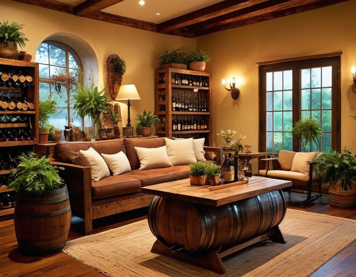 A beautifully arranged living space showcasing antique wine decor, such as vintage wine barrels and rustic wine racks, combined with upcycled furniture like a creatively designed coffee table made from reclaimed wood. Warm ambient lighting enhances the cozy atmosphere, while potted plants add a touch of greenery. The background features neutral tones to allow the decor items to stand out. super-realistic. warm colors. cozy aesthetic.